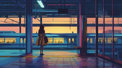 girl waiting someone who is late in the modern train platform - obrazy, fototapety, plakaty