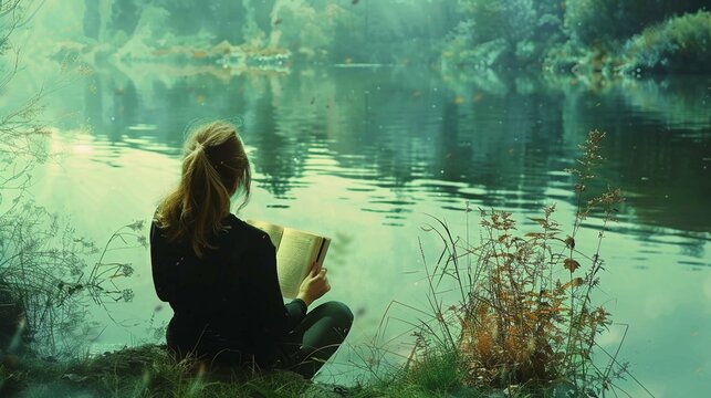 girl sitting near lake and reading book