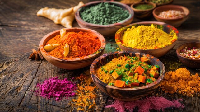 Traditional assorted Indian food, Holi colours powder, rustic background. Indian Holi holiday. Indian dishes and snacks set. Holi celebration.