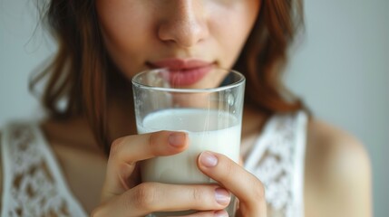 A woman with a smile enjoys a healthy glass of milk at breakfast time
