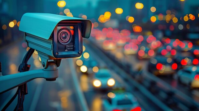Security CCTV camera has focus and recording lot of car on the road with traffic jam at night city