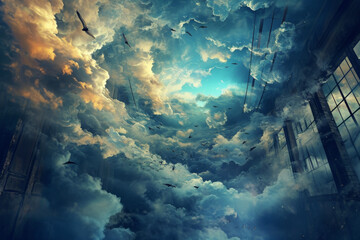 Fototapeta na wymiar Surreal skyscape with clouds and birds, framed by the silhouettes of derelict buildings, creating a dreamlike blend of decay and natural beauty, invoking themes of freedom and escape. Concept of