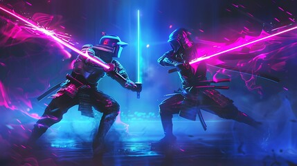 Fototapeta na wymiar Duo samurai battle futuristic samurai use light saber neon blade