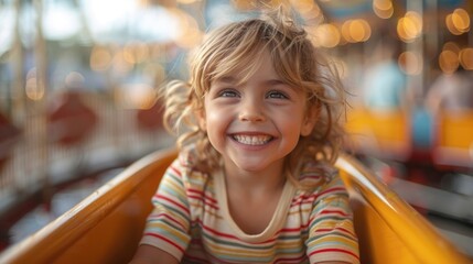 Smiling kid ride rollercoaster at amusement park. Happy childhood concept. Joyful child enjoy carousel. Laughing children have fun at roller coaster and hands up. Cheerful excited person close up. Joy - obrazy, fototapety, plakaty
