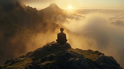 Man seated cross-legged atop a tranquil mountain, practicing deep breathing exercises, early morning mist swirls around him as the first rays of the sun pierce through. - obrazy, fototapety, plakaty