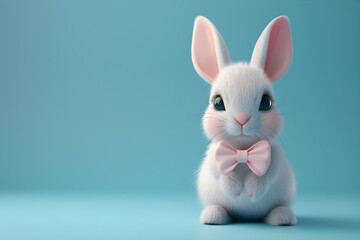 3D cute bunny with bow tie on blue background, perfect for Easter and holiday-themed designs or decorations.