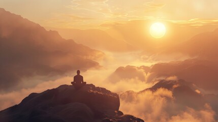 Man seated cross-legged atop a tranquil mountain, practicing deep breathing exercises, early morning mist swirls around him as the first rays of the sun pierce through.