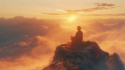Man seated cross-legged atop a tranquil mountain, practicing deep breathing exercises, early morning mist swirls around him as the first rays of the sun pierce through. - obrazy, fototapety, plakaty