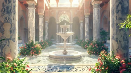 Papier Peint photo autocollant Vieil immeuble Background: Timeless Islamic courtyard featuring a central fountain surrounded by marble pillars