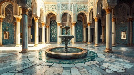 Background: Timeless Islamic courtyard featuring a central fountain surrounded by marble pillars - obrazy, fototapety, plakaty