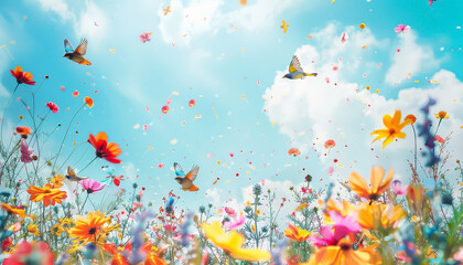 Obraz na płótnie Canvas A group of hummingbirds flying over a field of flowers