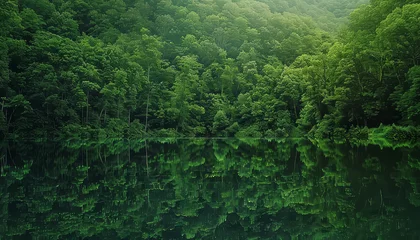 Deurstickers A serene and peaceful scene of a forest with a lake in the middle © terra.incognita