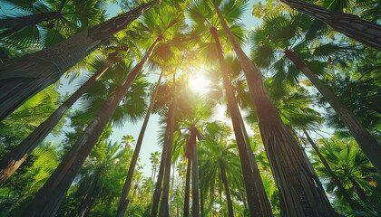 A lush green forest with palm trees and a bright sunny day