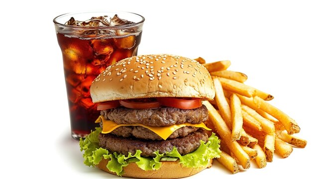 Fast food favorite: hamberger,crispy fries and a refreshing cola on white background