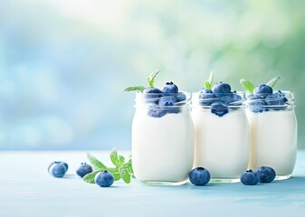 Fresh Blueberry Yogurt Served in Glass Jars on a Rustic Stone Table