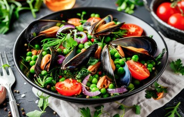 Steamed Mussels With Fresh Herbs, Tomatoes, and Peas Served on a Dark Plate