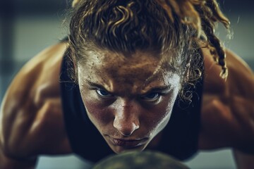 Determined female athlete doing push-ups with intense focus