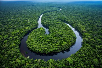Aerial view of a winding river through a dense, lush green rainforest, showcasing the natural heart shape of the landscape.