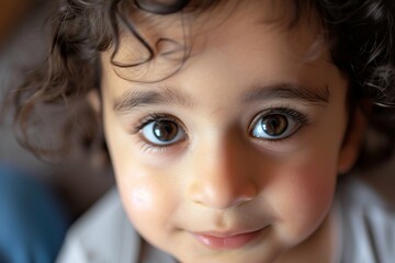 Close-up of a toddler with big, expressive eyes and curly hair, capturing innocence and curiosity.