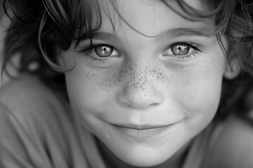 Close-up of a child with curly hair and freckles smiling at the camera, monochrome portrait.