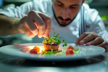 Focused chef garnishing a gourmet dish with herbs in a professional kitchen setting.