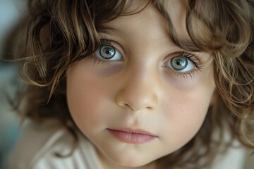 Close-up portrait of a child with big blue eyes and curly hair, looking up with a thoughtful expression.