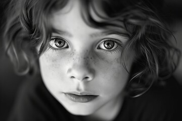 Close-up monochrome portrait of a child with expressive eyes and curly hair, conveying innocence and emotion.