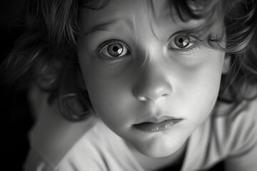 Close-up monochrome portrait of a child with expressive eyes and curly hair, conveying emotion and innocence.
