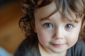 Close-up of a toddler with curly hair and big blue eyes, giving a gentle smile, with a soft-focus background.