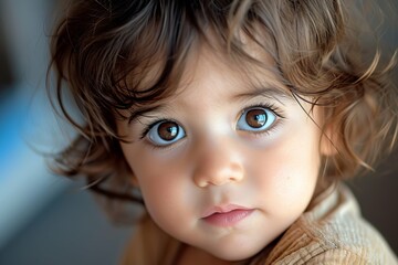 Close-up of a toddler with big blue eyes and curly hair, expressing innocence and curiosity.