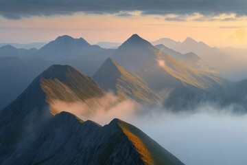 Majestic mountain peaks piercing through a blanket of clouds at sunrise, with golden light casting a warm glow over the rugged landscape.