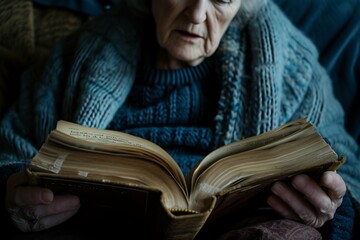 Elderly woman in a knitted sweater reading an old book, with a focus on the hands and the book.