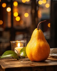 Pear sits on top of wooden table. - obrazy, fototapety, plakaty