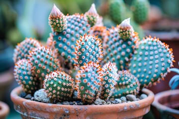 Vibrant Cactus Cluster in Terracotta Pot Captured at Close Range in Daylight