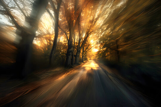 A blur art photography of  a road through the trees what you see when driving in high speed, a slow motion camera art photography, ai generated