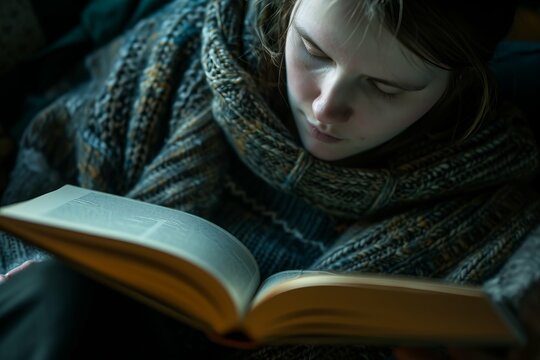 Serene young adult engrossed in reading a book with soft lighting highlighting the face, depicting a moment of learning and relaxation.