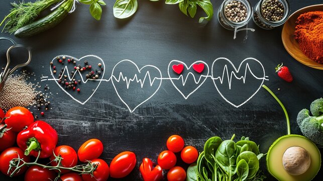 wholesome food in the heart and a blackboard cardiograph