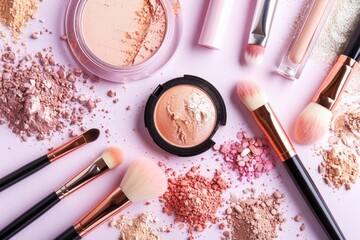 Assortment of Makeup Products and Tools Spread on a Pink Surface