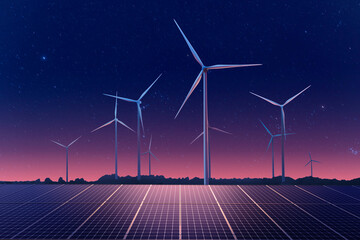 wind turbine with solar panels at night.clean energy. wind turbine, eolic turbine, Power Plant,...