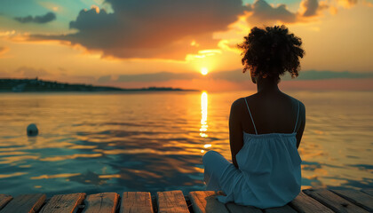 A young girl sits on a dock by the ocean, looking out at the sunset
