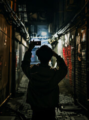 Silhouette Walking man, his back to the camera in a middle of old stone walls, medieval Old City, Dramatic lights 