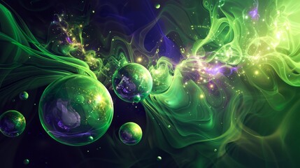 Vibrant Green Nebula With Floating Blue Planets in Deep Space