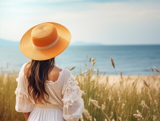 a woman wearing a hat looking at the ocean - obrazy, fototapety, plakaty