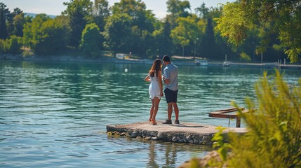 Engagement proposal near lake with a man and lady 