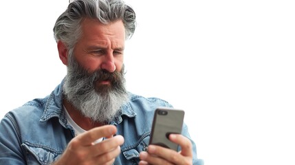 mature man with beard watching something on smart phone 