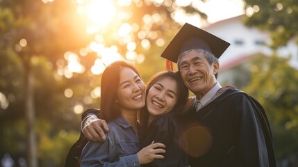 Happy family celebrate graduation day together in cap and gown