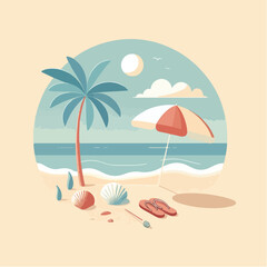 Fototapeta na wymiar Summer vacation concept, Banner of beach chairs and accessories on the beach, illustration