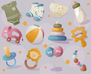 Baby items icons set vector. Cartoon style