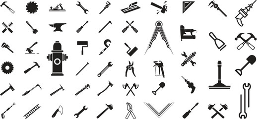 carpenter, handyman tool and equipment icon set, glyph design