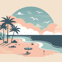 Fototapeta na wymiar Summer vacation concept, Banner of beach chairs and accessories on the beach, illustration